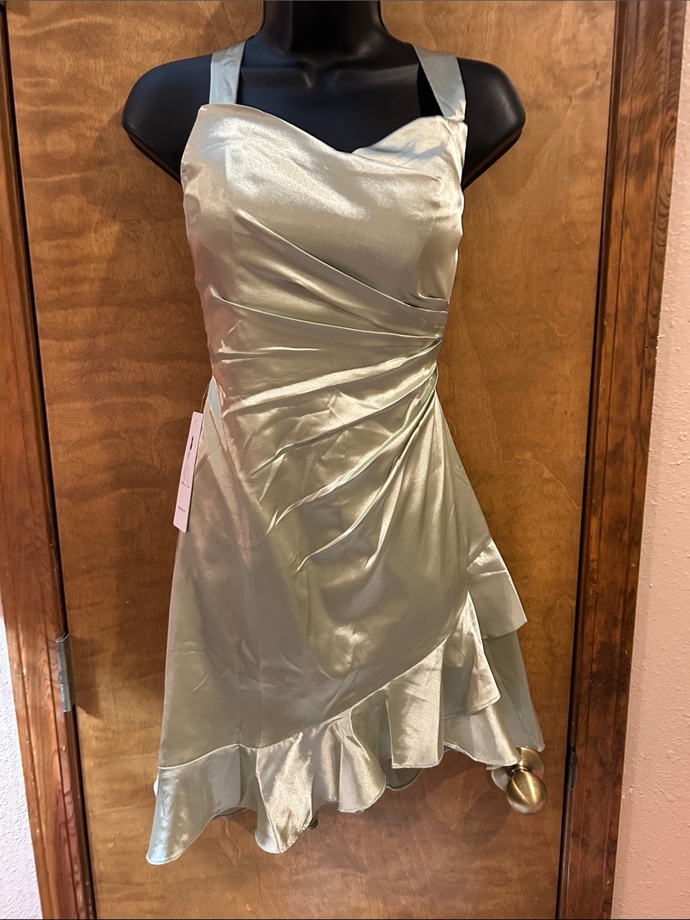 Satin Ruffled A-Line Dress in Pale Sage - Honecoming